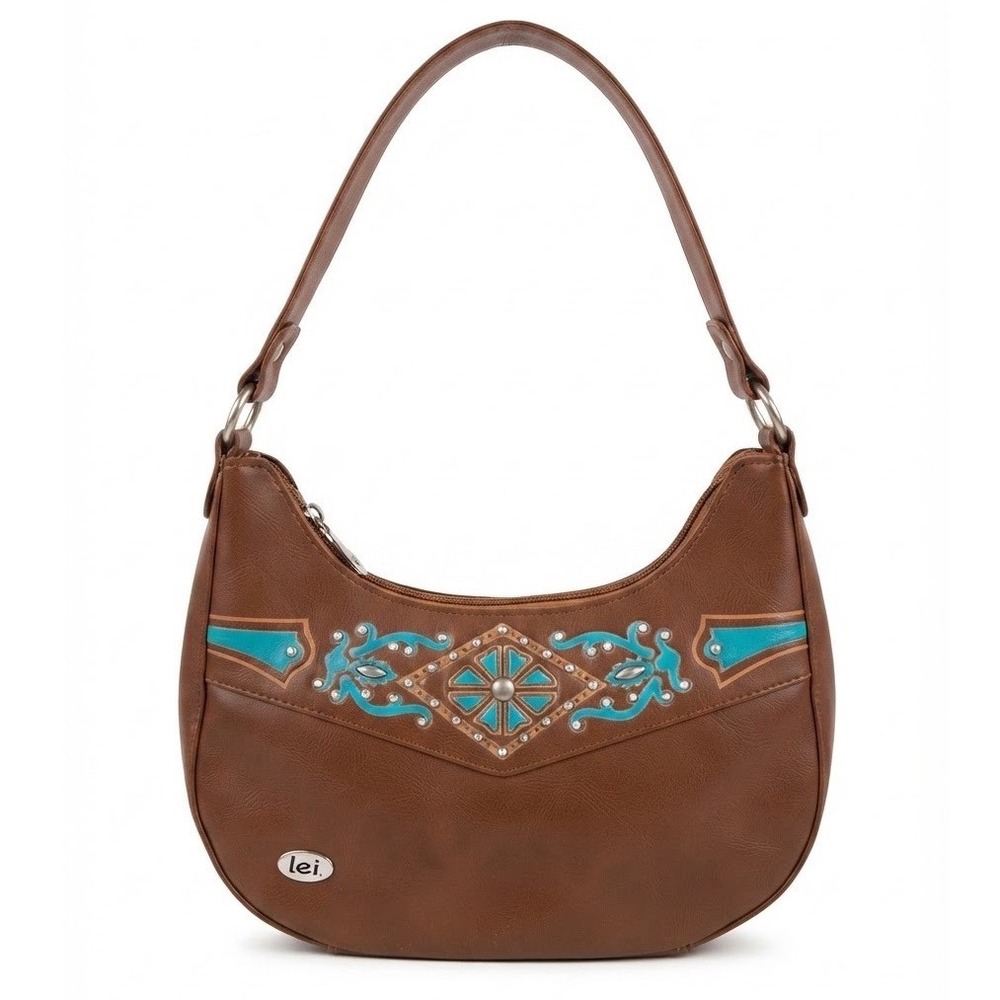 LEI Brown Faux Leather Western Shoulder Bag Turquoise Studded Hobo Bag